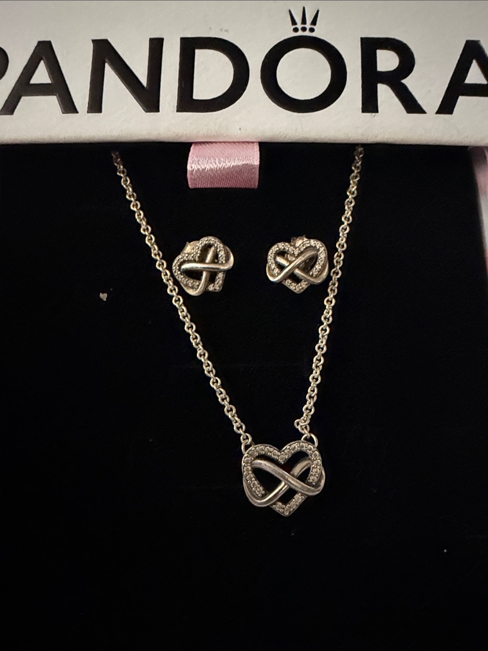 Pandora Silver Heart Infinity Necklace and Stud Earrings Set